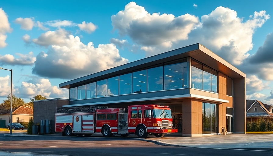 Modern fire station design featuring sleek architecture and a fire truck.
