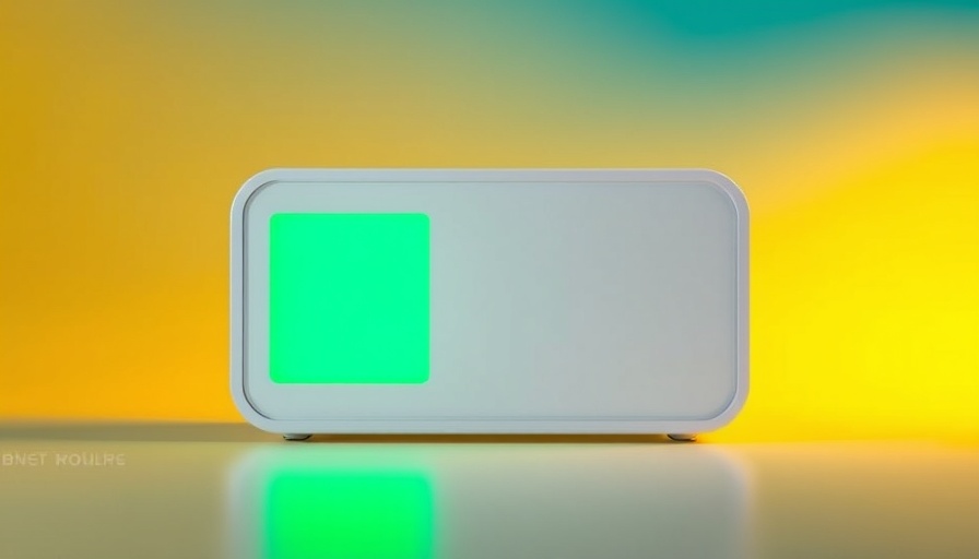 Modern white air quality monitor glowing against a gradient background.