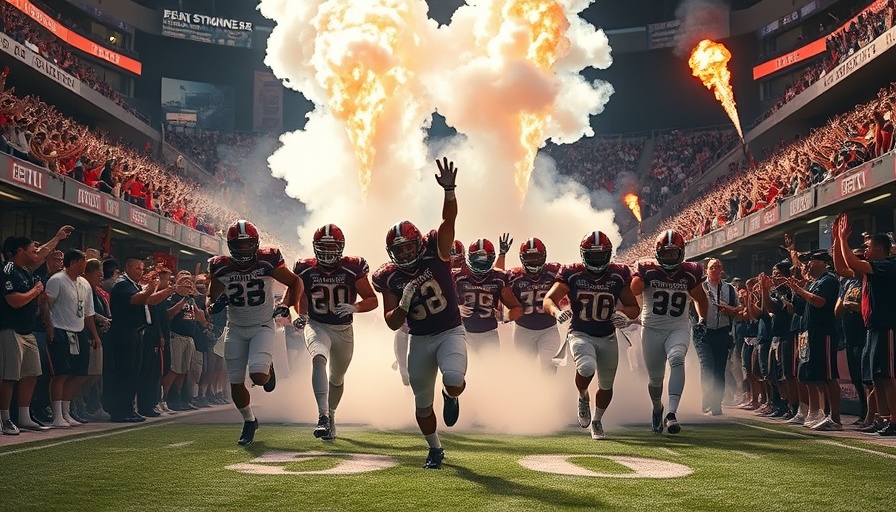 College football players making a dynamic entrance onto the field with pyrotechnics.