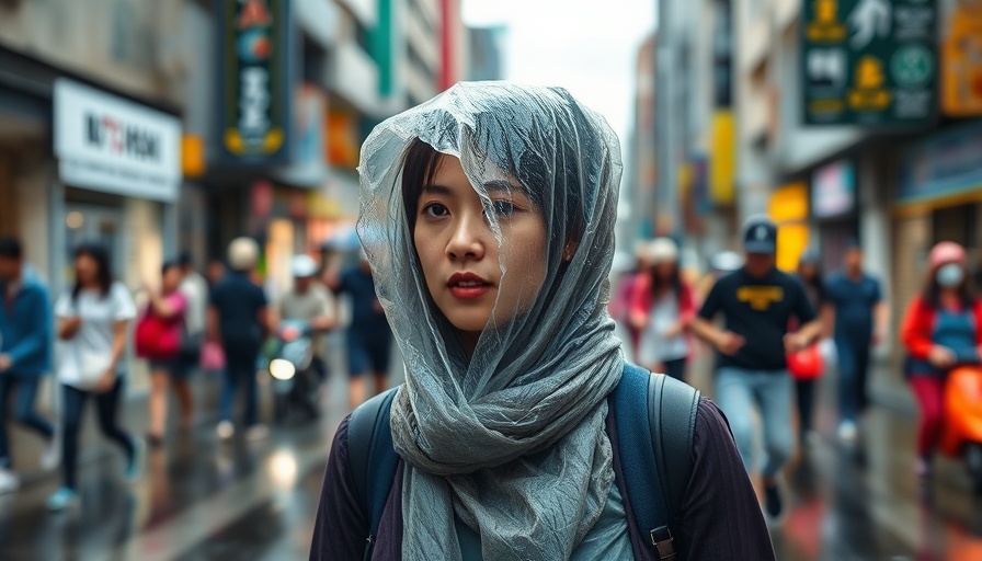 Urban street scene of woman in rain with plastic bag, AI infrastructure disaster losses context.