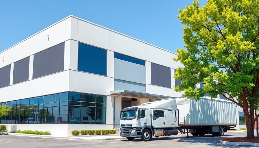 Modern AI-cloud factory in Fort Worth with tree and truck.