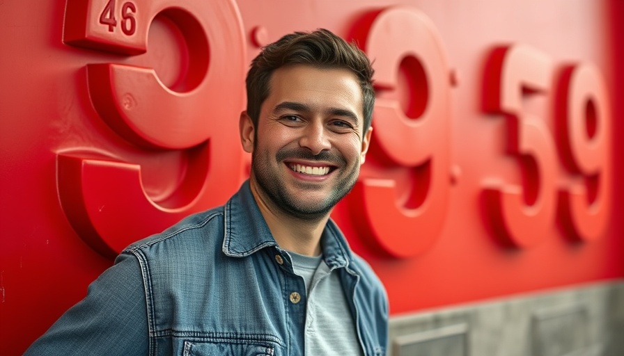 Smiling man stands confidently in front of a red wall at architecture firm's Fort Worth headquarters.