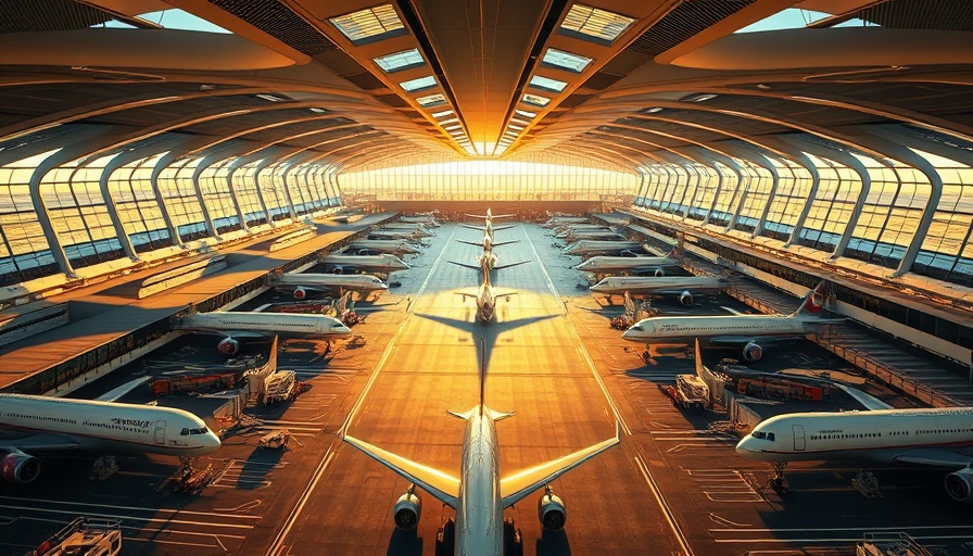 Aerial view of $1.3 billion Concourse D Expansion at sunrise.
