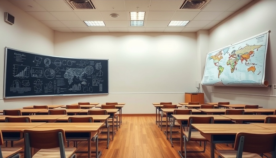 Empty classroom in Texas with desks and blackboard, symbolizing the future of public education.