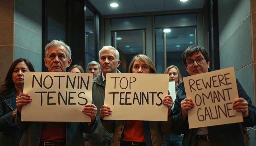 Displaced Cooper tenants hold protest signs outside at night.