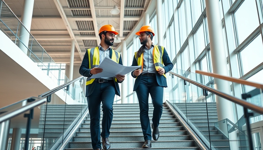 Two professionals in hard hats walking and discussing projects.