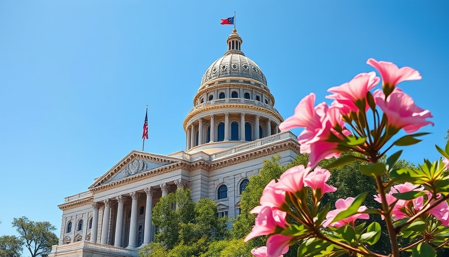Texas Capitol building under blue sky with flags and flowers.