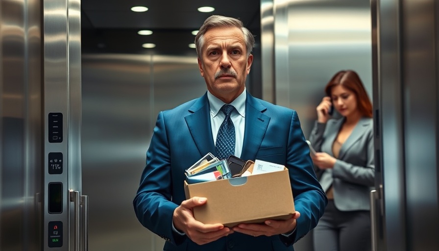 Mature businessman with a box of items in an elevator, prevent psychosocial hazards context.
