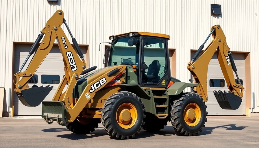 Military JCB 4CX Backhoe for U.S. Marines positioned outside a garage.
