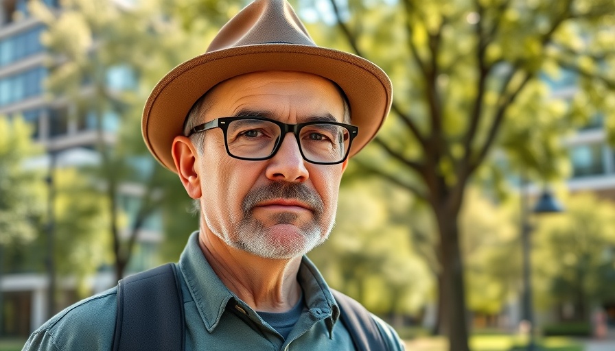 Outdoor portrait of a man with glasses and hat in a park.