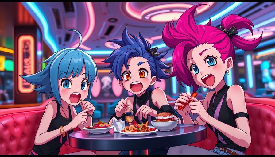 Colorful animated characters dining excitedly in a futuristic lounge.