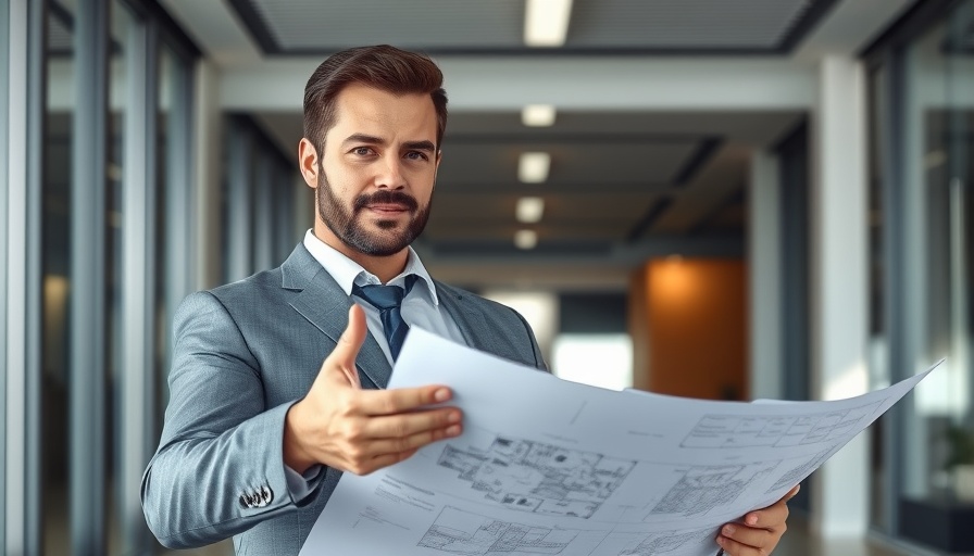 Businessman in modern office showcasing design plans, related to Calgary renovations.