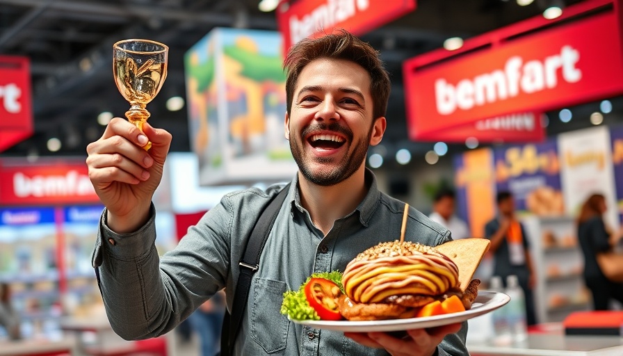 Cheerful man with award and food at Texas Fair event.