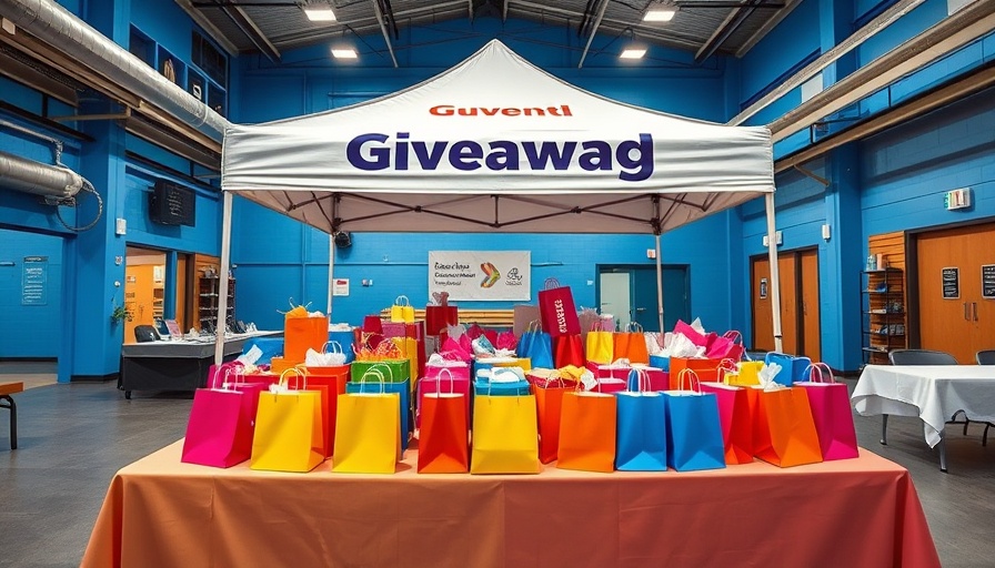 Roofing Good Deeds event with colorful gift bags setup.