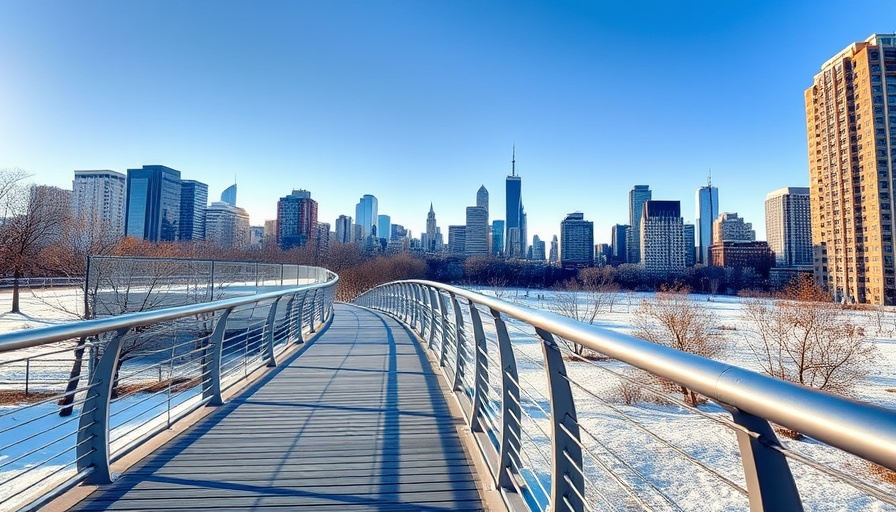 Squibb Park Bridge urban design, modern walkway overlooking snowy cityscape.