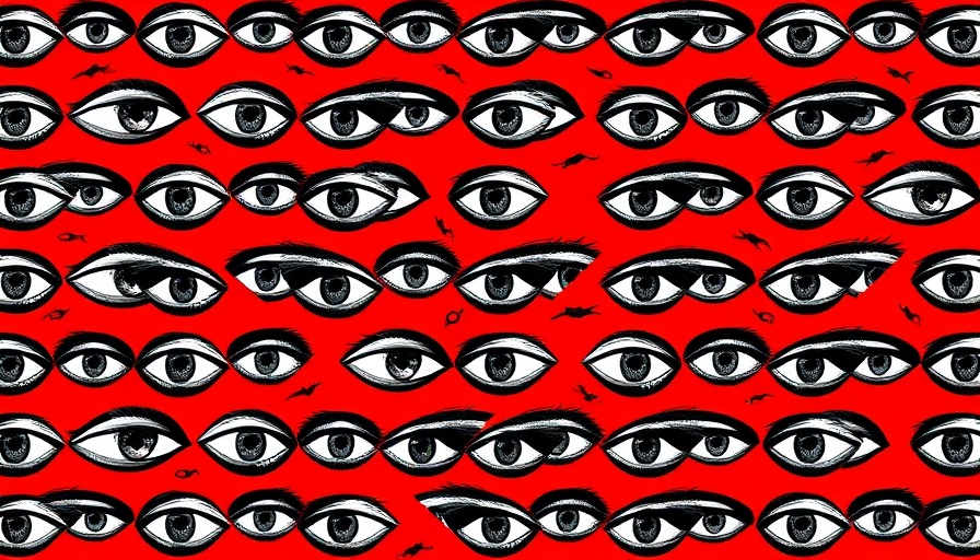 Pattern of bold eyes on red background symbolizing scrutiny in rural Texas.