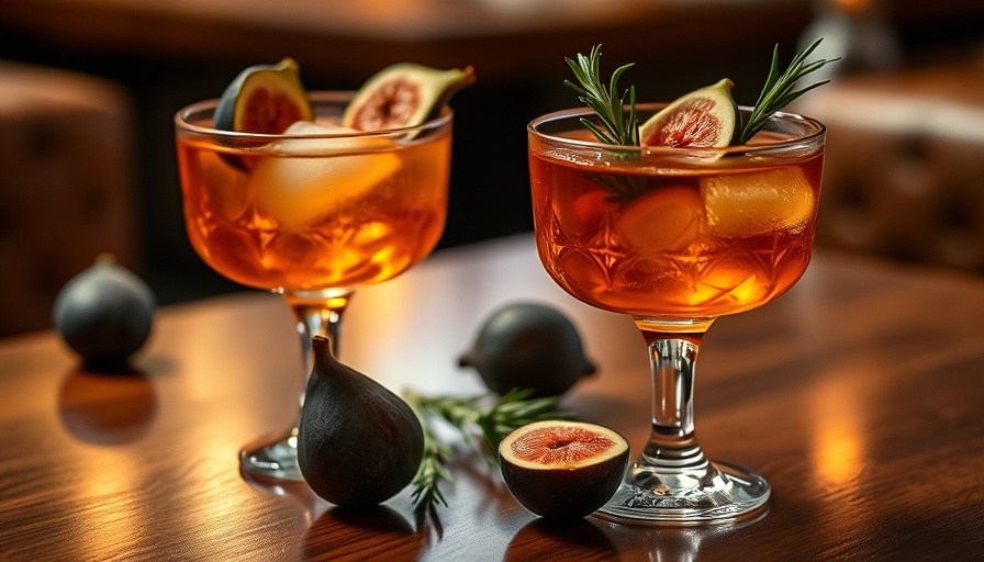 Elegant bourbon cocktails with figs on a wooden table, Cocktails Worth Lingering Over.