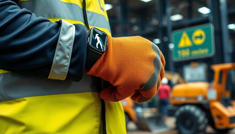 Worker using smartwatch for workplace safety solutions.