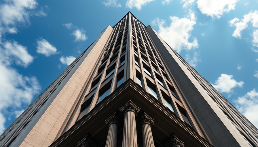 Impressive financial building showcasing AI in Financial Services, blue sky backdrop.