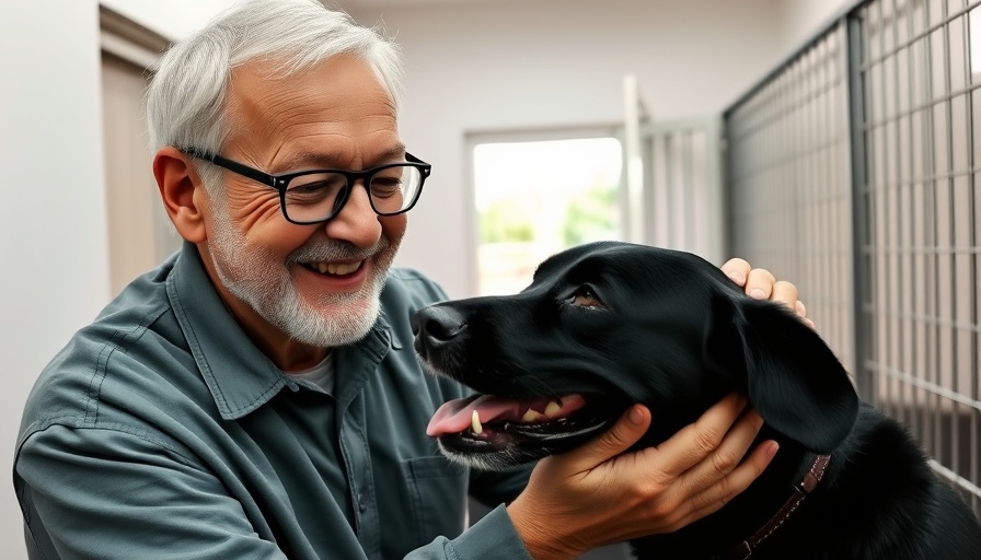Older man petting happy dog in shelter. Help save shelter dogs.