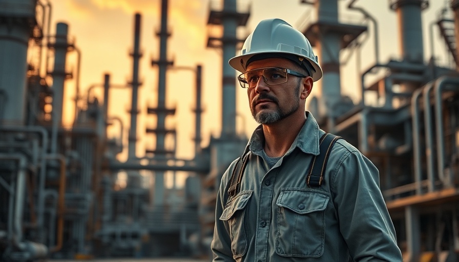 Industrial worker demonstrating OSHA head protection guidelines at oil refinery.