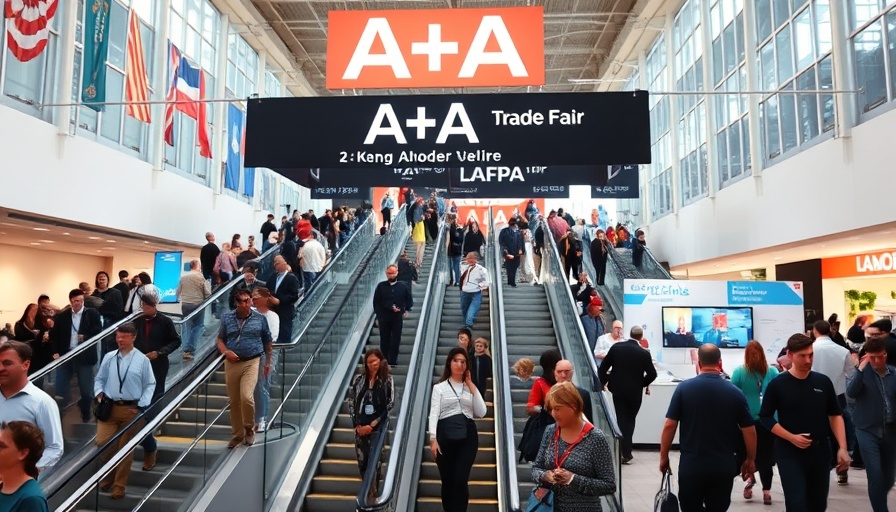 Bustling A+A Trade Fair attendees under signage, capturing vibrant global perspective