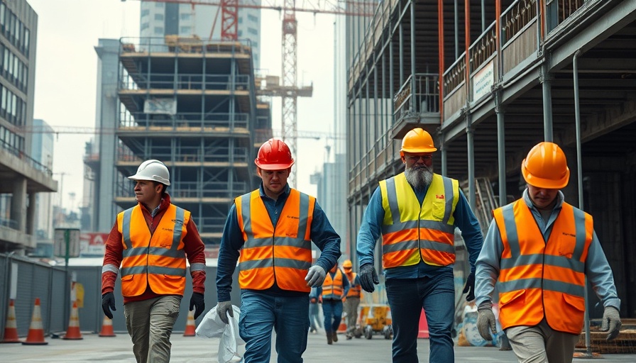 Construction site with workers and signage indicating construction spending slide.