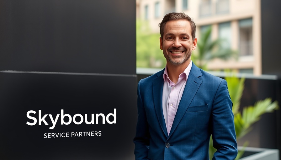Skybound Service Partners New CEO smiling confidently outdoors with logo.