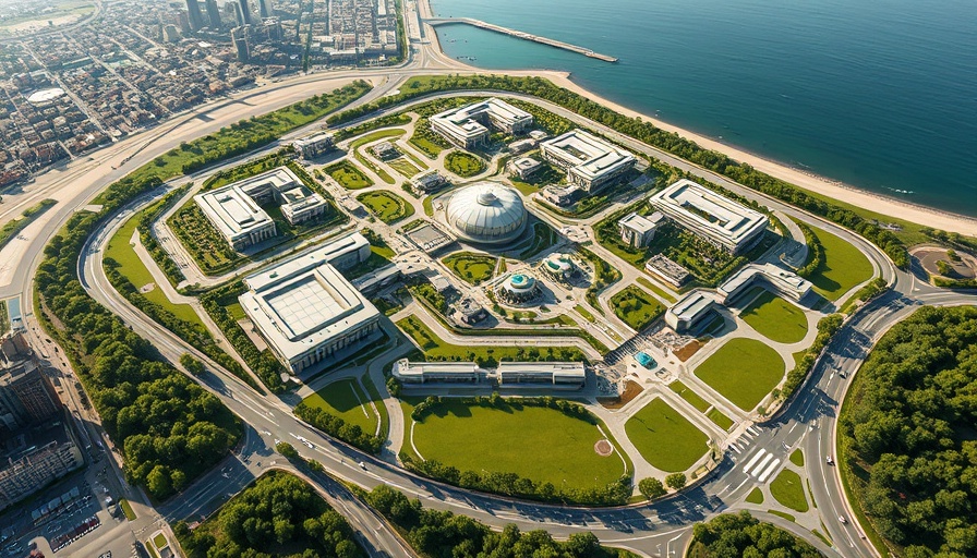 Aerial view of futuristic Global R&D Innovation Hub campus near coastline.