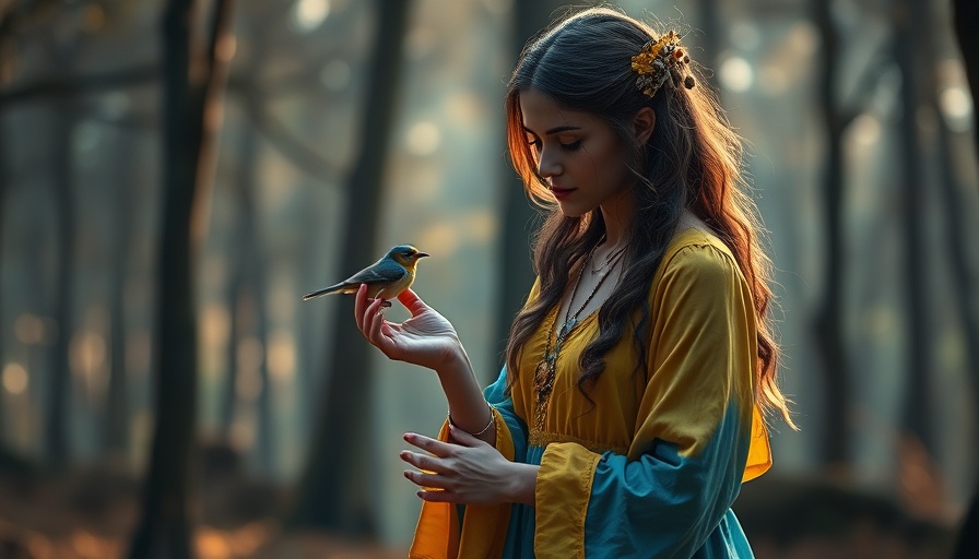 Disney princess in magical forest with a bird, enchanting scene.