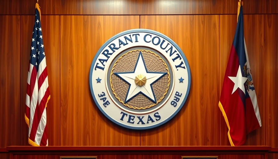 Tarrant County emblem and flags symbolizing authority.