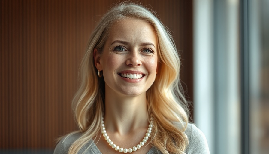 Smiling woman in modern indoor setting, sustainable roofing solutions