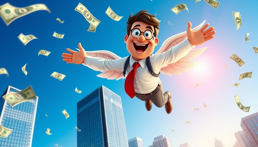 Cartoon executive flying with money wings above city, highlighting bonuses.