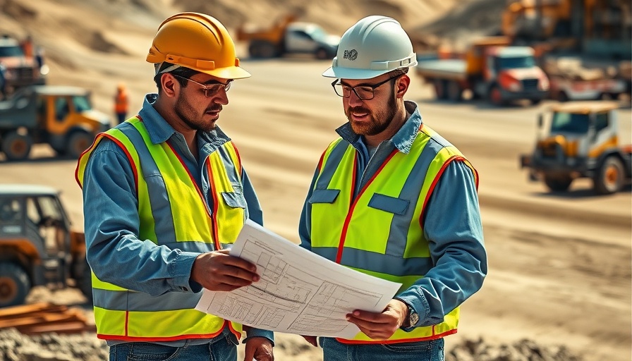 Construction workers discussing plans at a site, illustrating a flexible fleet model in construction.