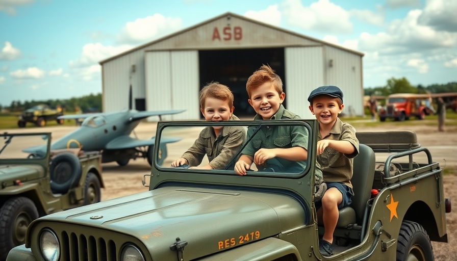 Kids at Aviation Discovery Fest in Dallas riding a vintage jeep.