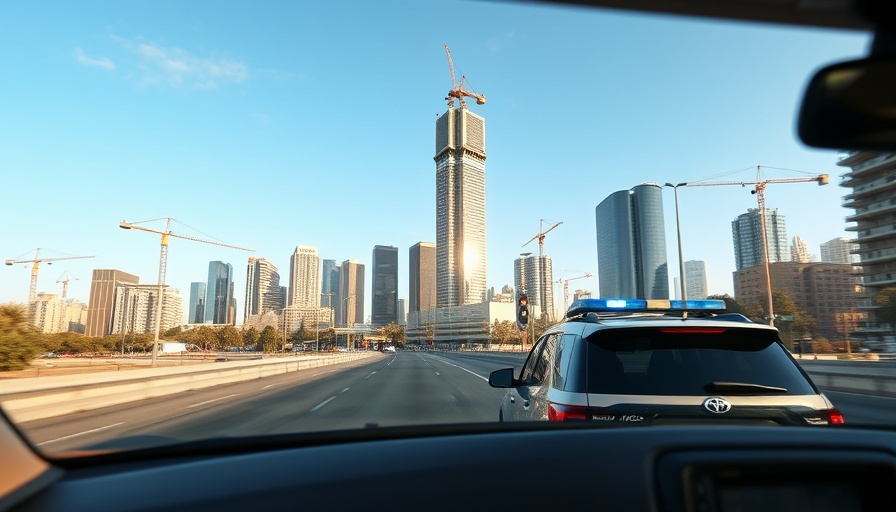 Urban road with police SUV and construction site, AI surveillance Chihuahua.