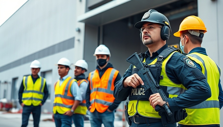 ICE officer supervises construction workers at industrial site