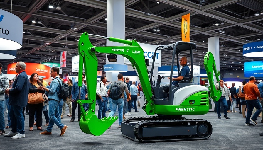 Display of cost-effective electric mini excavators at a trade show booth.