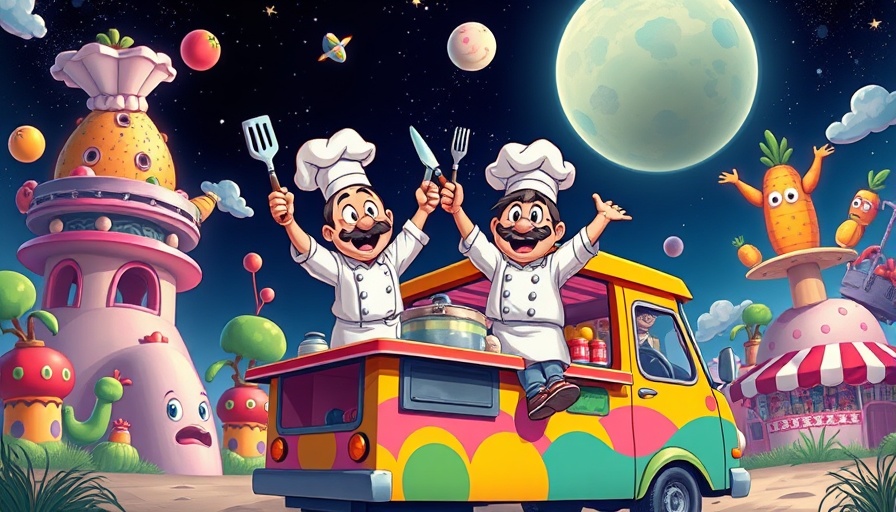 Cartoon chefs on food truck in whimsical landscape, food-themed games.