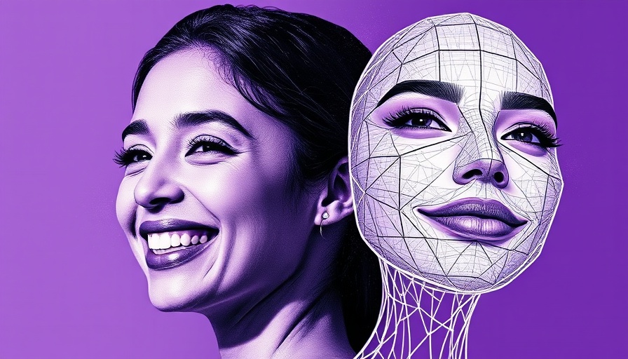 Abstract collage with smiling woman and digital wireframe portrait for AI education.