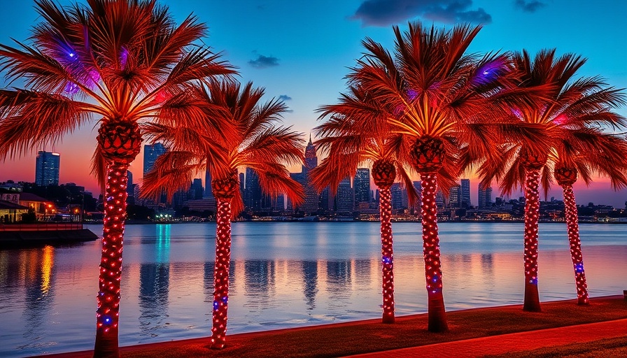 Palm trees with lights by lake and city, serene sunset, Florida.
