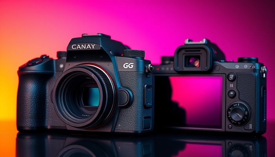 Top travel cameras 2025 set against a vibrant tech-colored background.