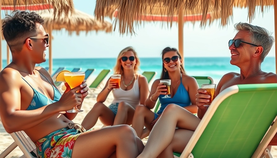 Beach scene with people relaxing, featuring tropical drinks.