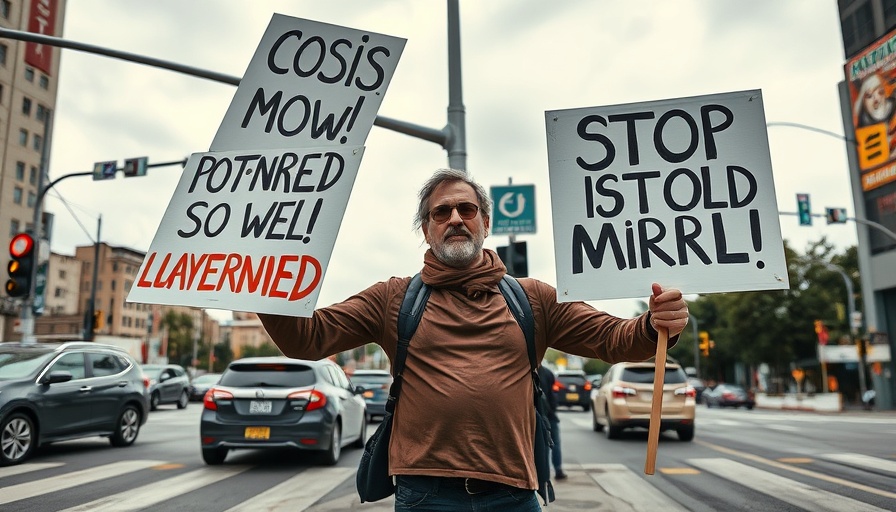 Viral anti-Trump activist in Houston holding protest signs at an intersection.