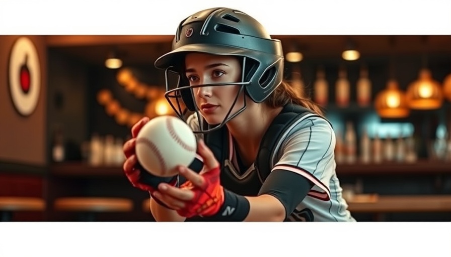 Promotional poster featuring women in baseball and focused catcher.
