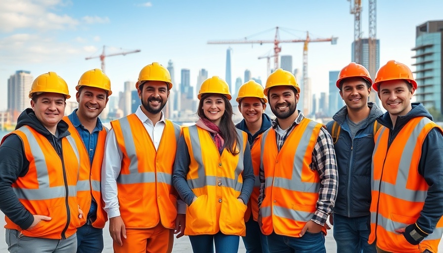 Construction workers group smiling at site, showcasing construction mental health initiatives.