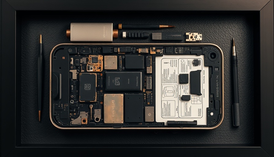 Deconstructed iPhone components in framed display, deconstructed gadget art.