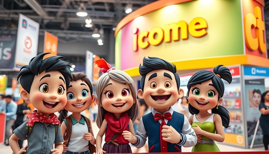 Colorful promotional event booth with smiling animated characters.
