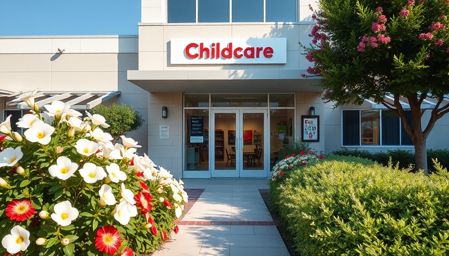 Entrance of childcare facility in Fort Worth surrounded by flowers.