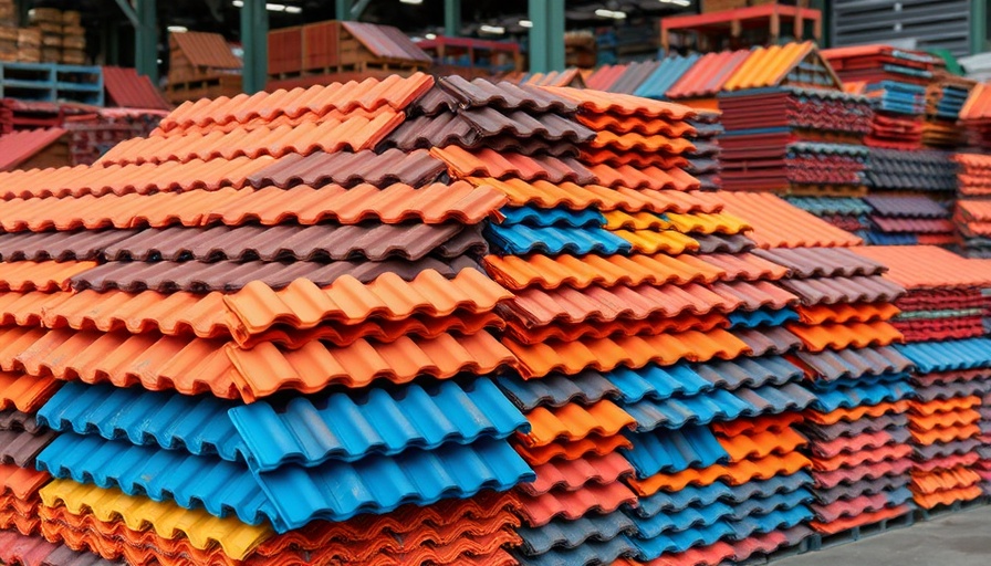 Assorted roof tiles neatly stacked, vibrant colors in warehouse.